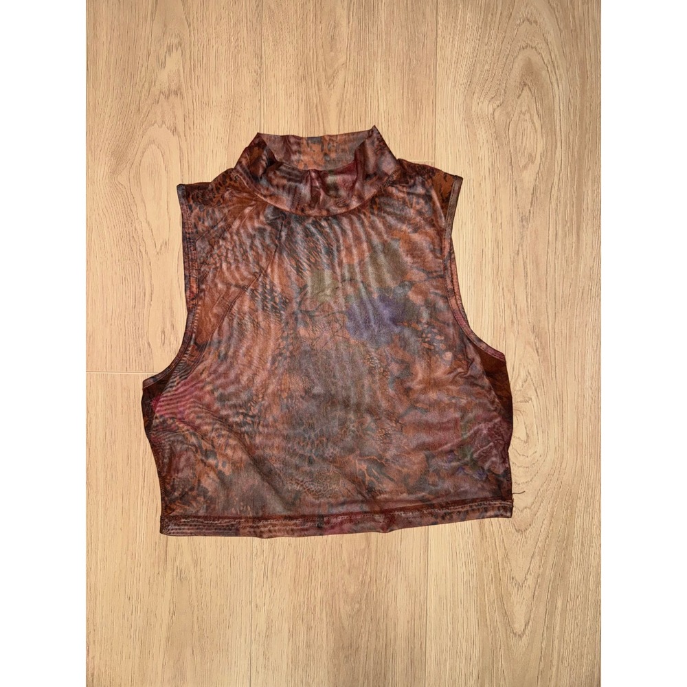 Floral Leopard Mesh Turtle Neck Tank Top Brown Animal Print Sleeveless Crop Top